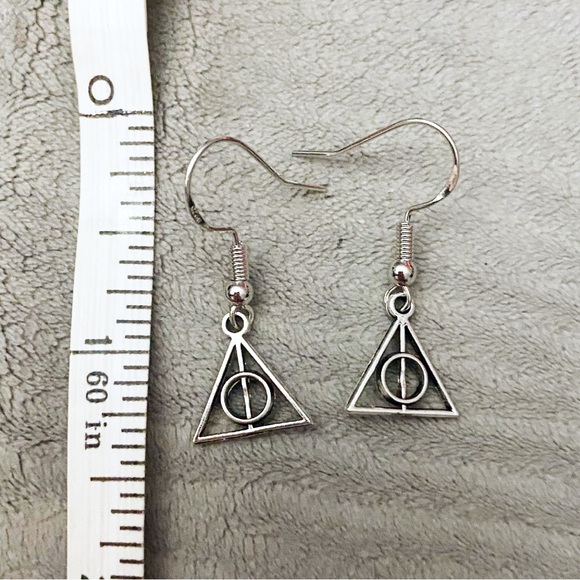 Deathly Hallows Harry Potter Silver Tone Dangle Earrings Wizard Magic - Picture 2 of 2